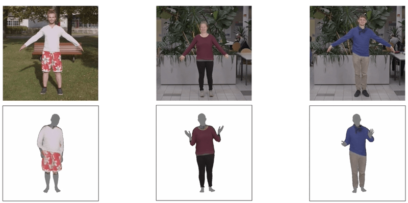 Outfits modeled from single in-the-wild images using our model are retargeted to novel poses